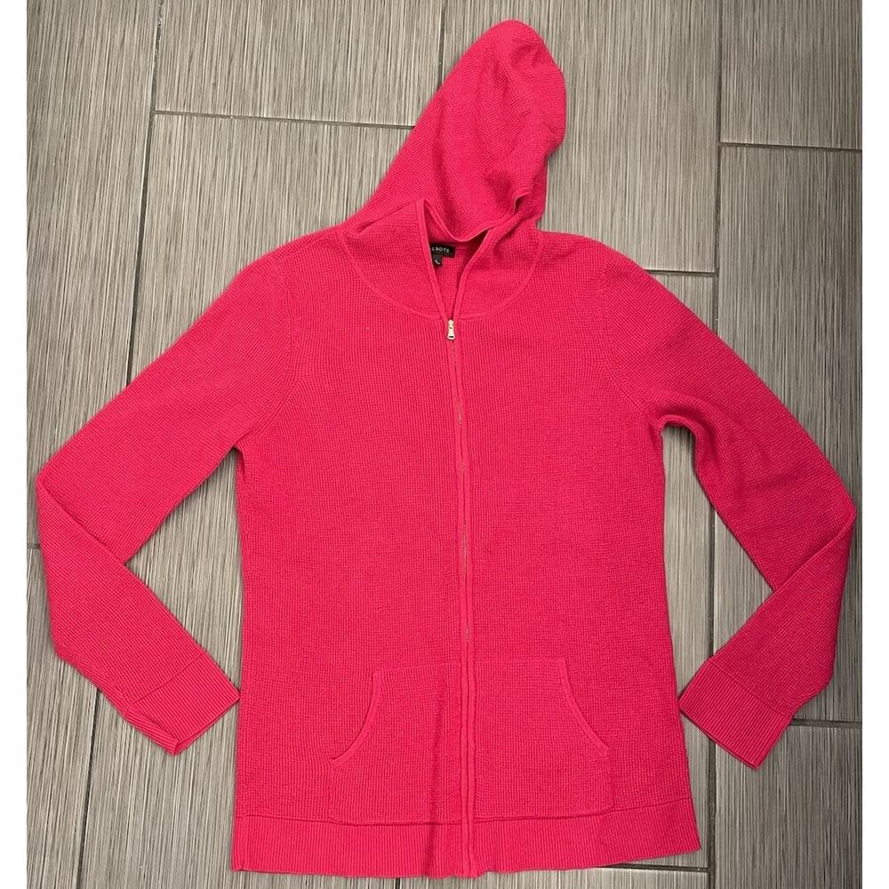 Talbots Cotton Blend Dark Pink Hooded Pockets Full Zip Front Waffle Hoodie Large
